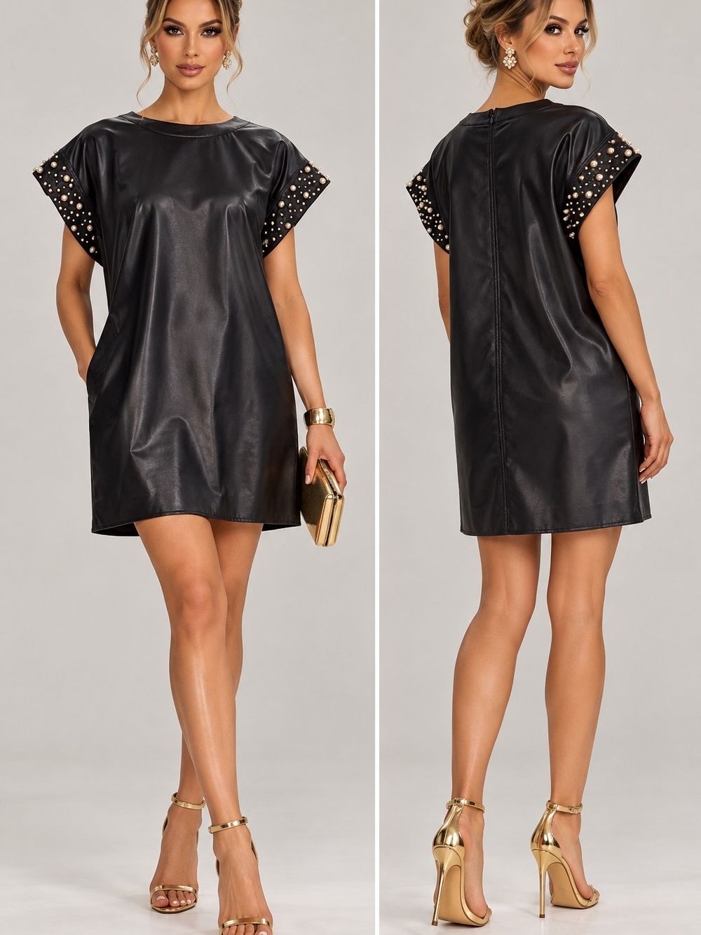 Studded Short Sleeve Faux Leather Dress - Black